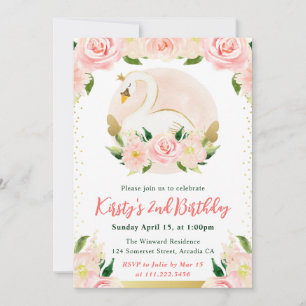 Watercolor Pink Flowers and Swan Birthday Invitation