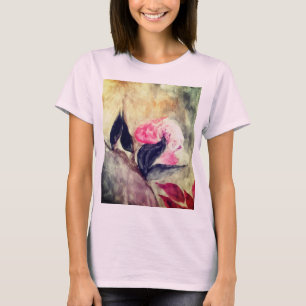 Watercolor Pink Flowers Black Leaves Abstract T-Shirt