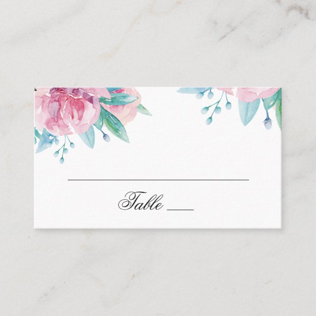 Watercolor pink flowers. Blush floral wedding Place Card (Front)