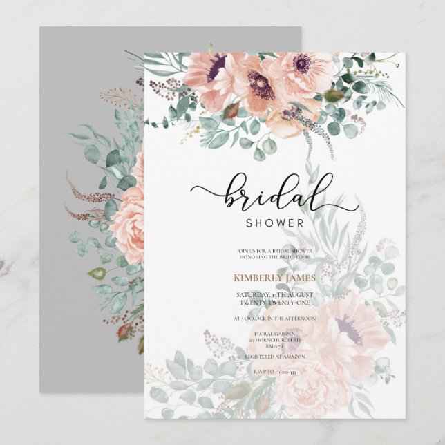 Watercolor Pink Flowers Bridal Shower Invitation (Front/Back)