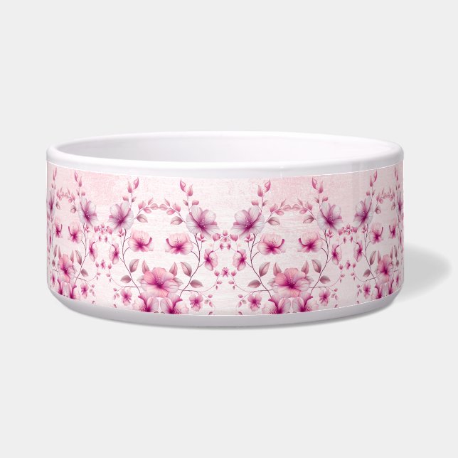 Watercolor Pink Flowers Ceramic Pet Bowl (Front)
