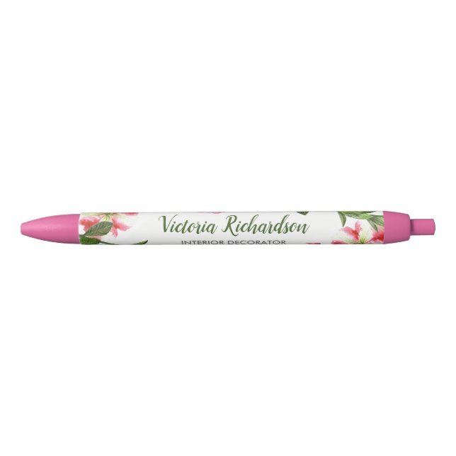 Watercolor Pink Flowers Circle Wreath Arrangement Blue Ink Pen (Front)