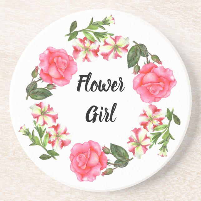 Watercolor Pink Flowers Circle Wreath Design Coaster (Front)