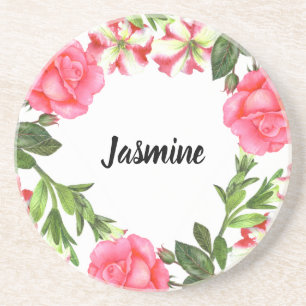 Watercolor Pink Flowers Circle Wreath Design Coaster