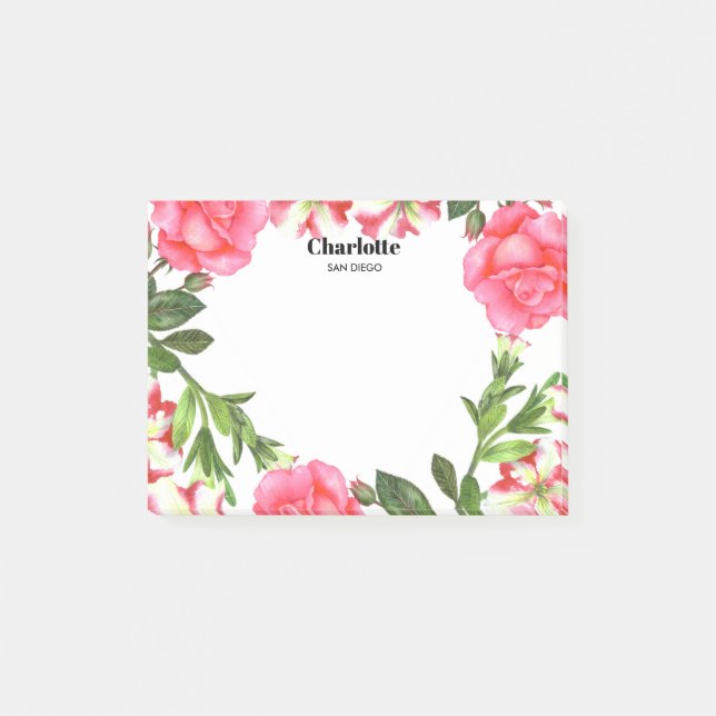 Watercolor Pink Flowers Circle Wreath Post-it Notes (Front)