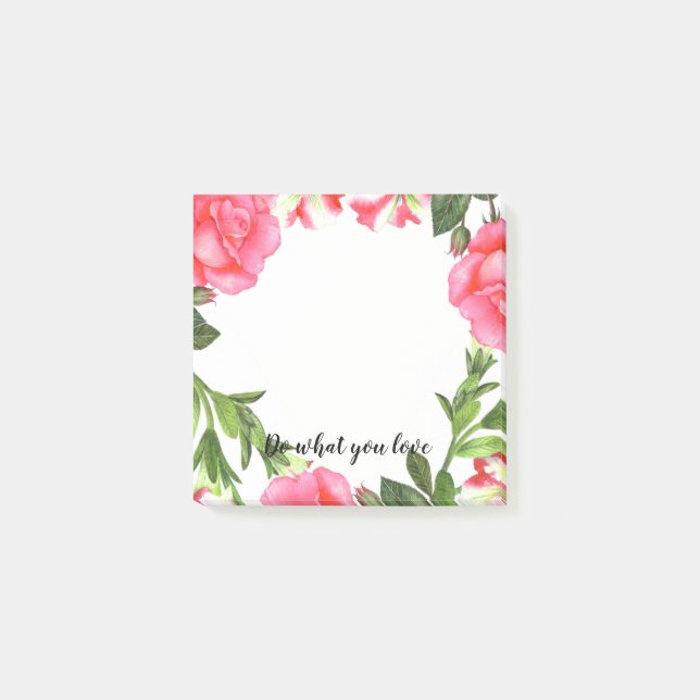 Watercolor Pink Flowers Circle Wreath Post-it Notes (Front)