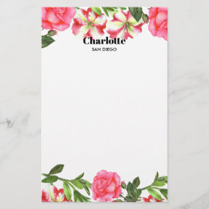Watercolor Pink Flowers Circle Wreath Stationery