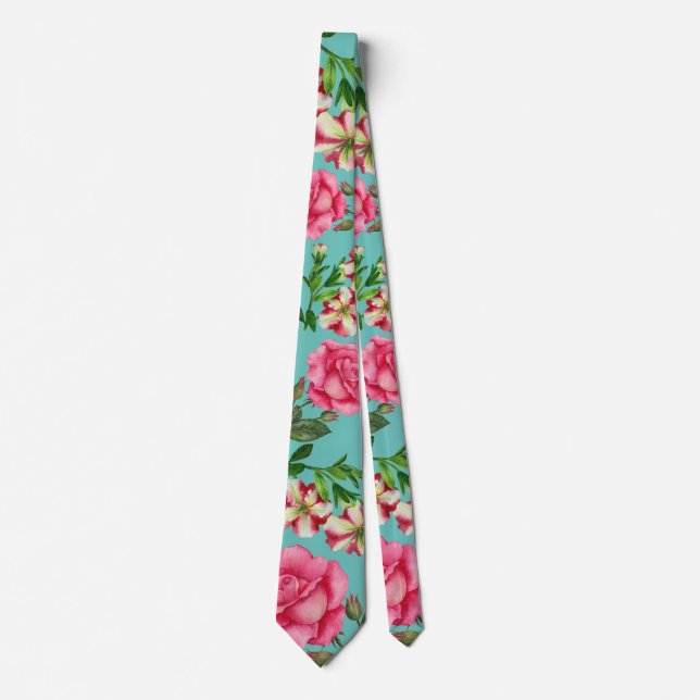 Watercolor Pink Flowers Circle Wreath Tie (Front)