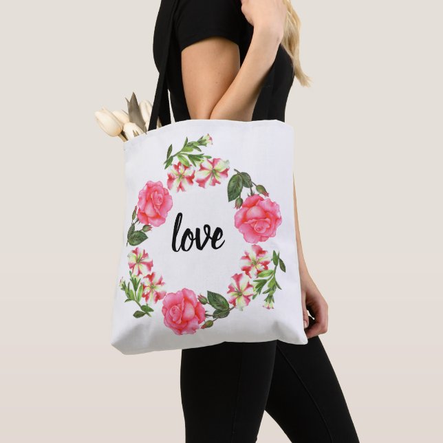 Watercolor Pink Flowers Circle Wreath Tote Bag (Close Up)