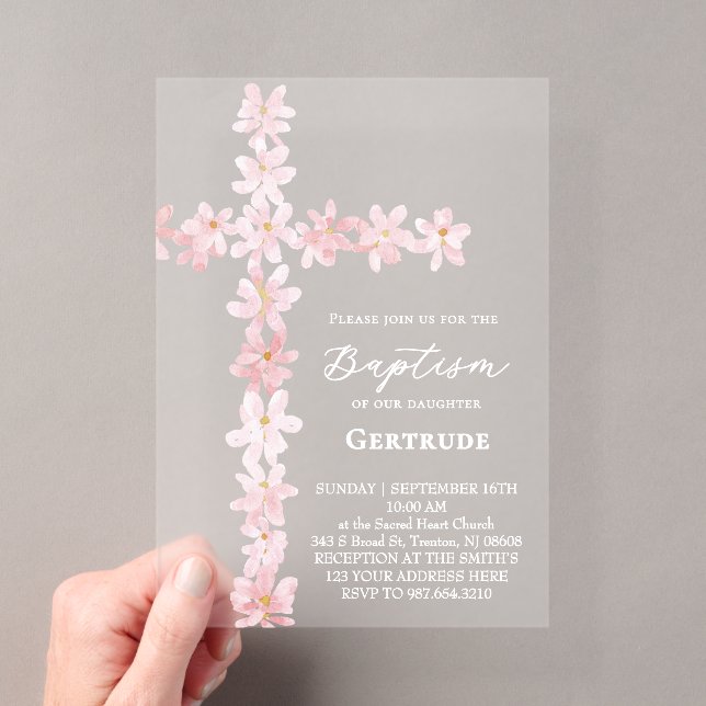 watercolor pink flowers cross Baptism Invitation (Insitu (Handheld))