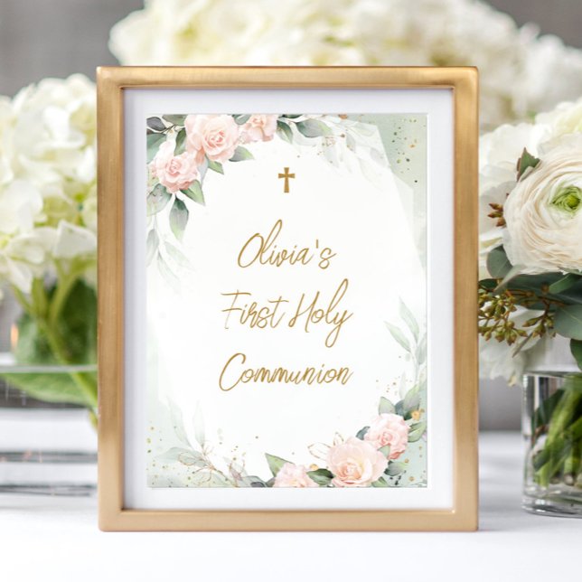Watercolor Pink Flowers Cross First Holy Communion Poster (Creator Uploaded)