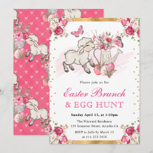 Watercolor Pink Flowers Cute Lamb Easter Brunch Invitation