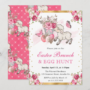 Watercolor Pink Flowers Cute Lamb Easter Brunch Invitation