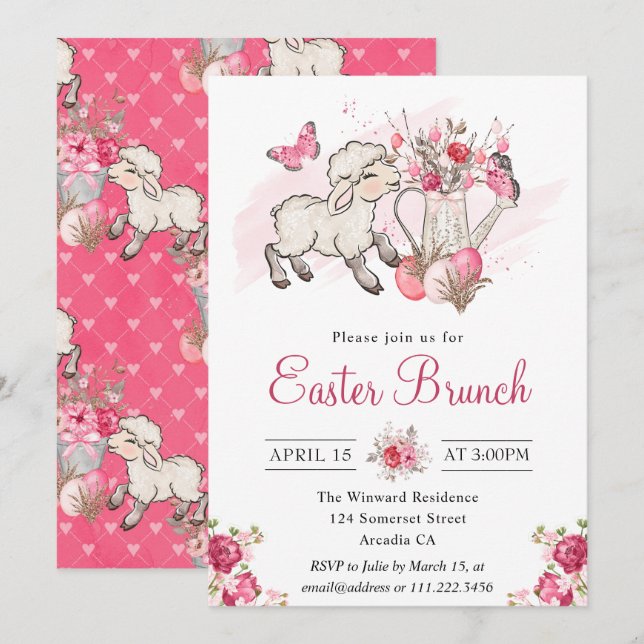 Watercolor Pink Flowers & Cute Lamb Easter Brunch Invitation (Front/Back)
