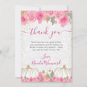 Watercolor Pink Flowers Fall Pumpkin Bridal Shower Thank You Card
