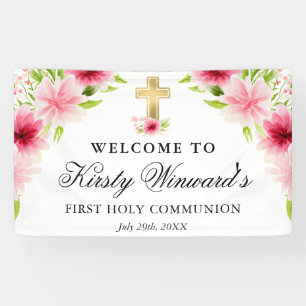 Watercolor Pink Flowers First Holy Communion Banner
