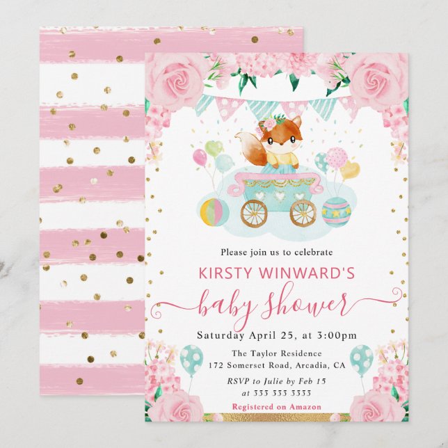 Watercolor Pink Flowers Fox Baby Shower Invitation (Front/Back)