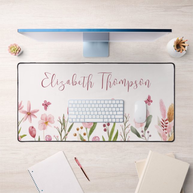 Watercolor Pink Flowers Girly Script Name Desk Mat (Office 1)