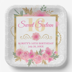 Watercolor Pink Flowers & Gold Foil Sweet Sixteen Paper Plate
