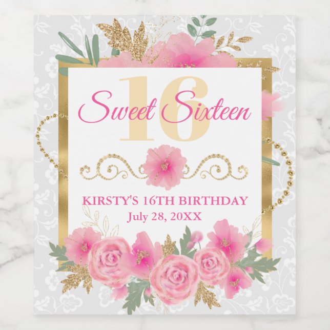 Watercolor Pink Flowers & Gold Foil Sweet Sixteen Wine Label (Single Label)