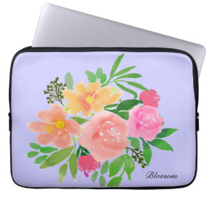 Watercolor pink flowers & green leaves laptop sleeve
