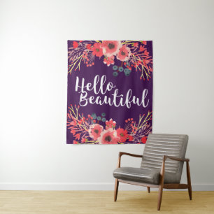 Watercolor Pink Flowers Hello Beautiful Tapestry