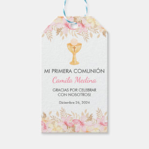 Watercolor Pink Flowers in Spanish First Communion Gift Tags
