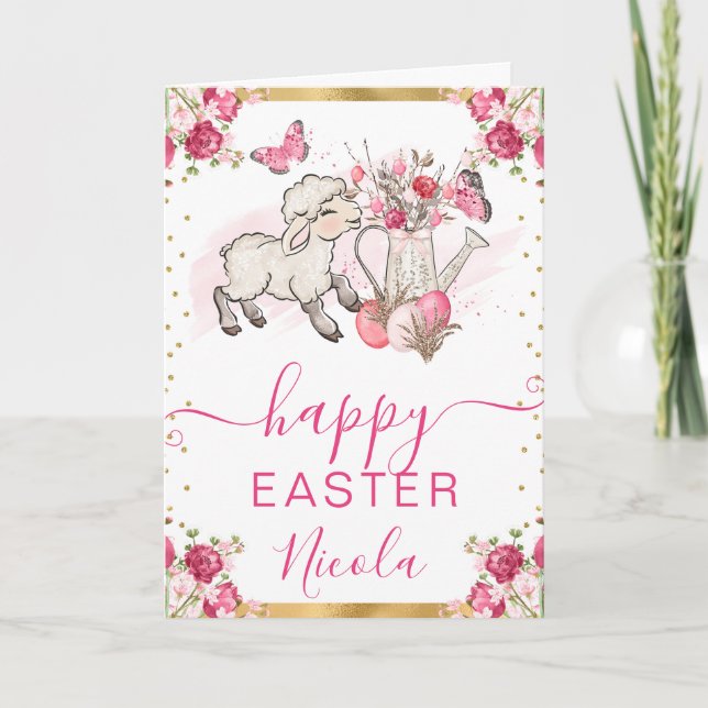 Watercolor Pink Flowers Lamb Happy Easter Card (Front)