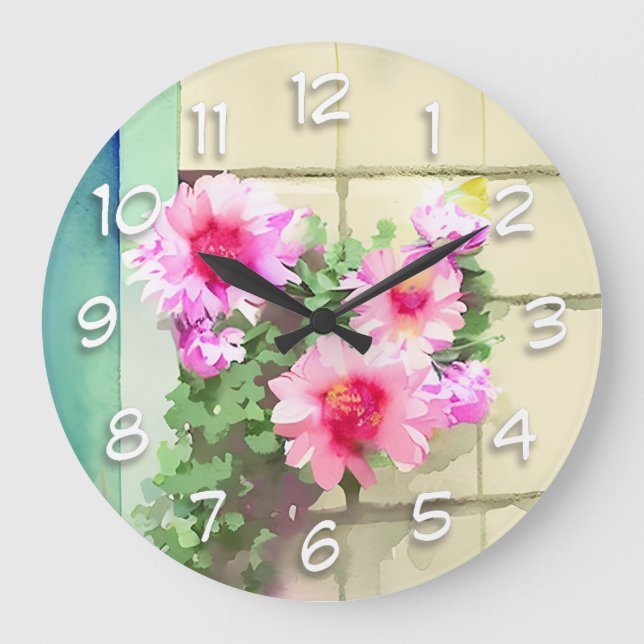 Watercolor Pink Flowers Large Clock (Front)