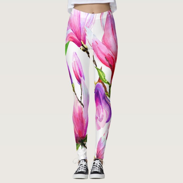 watercolor pink flowers leggings (Front)