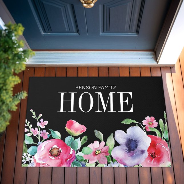 Watercolor Pink Flowers Modern Family Name Black  Doormat (Watercolor Pink Flowers Modern Family Name Black Doormat)