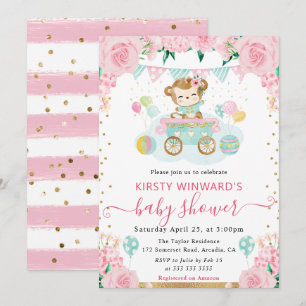Watercolor Pink Flowers Monkey Baby Shower Invitation
