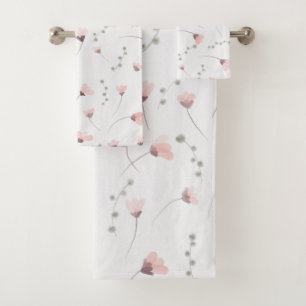 Watercolor pink flowers on canvas  bath towel set