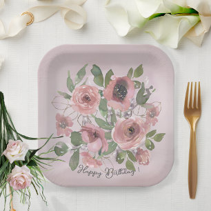 Watercolor Pink flowers on Pink  Paper Plate