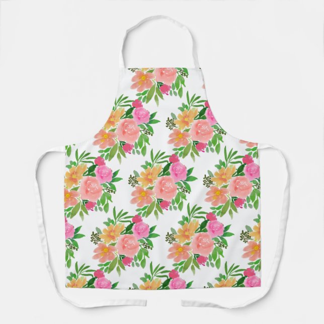 Watercolor pink flowers on white apron (Front)