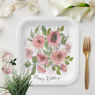Watercolor Pink flowers on White Paper Plate