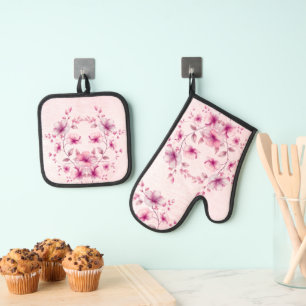 Watercolor Pink Flowers Oven Mitt & Pot Holder Set
