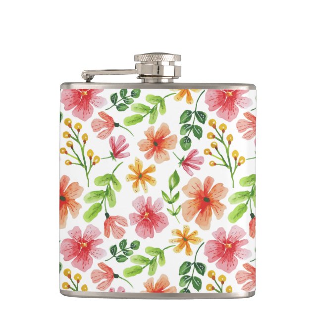 Watercolor Pink Flowers Pattern-69677 Hip Flask (Front)