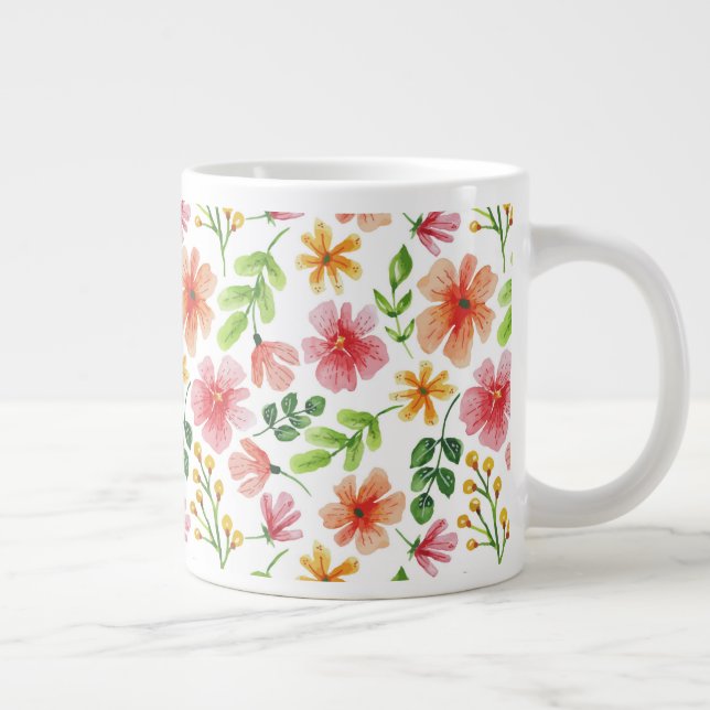 Watercolor Pink Flowers Pattern-69677 Large Coffee Mug (Right)