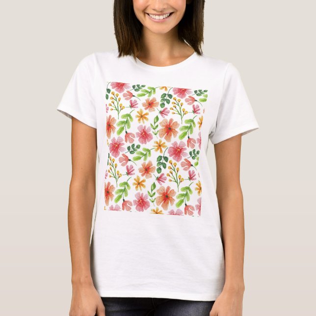 Watercolor Pink Flowers Pattern-69677 T-Shirt (Front)