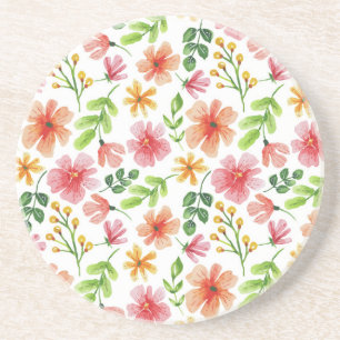 Watercolor Pink Flowers Pattern Coaster