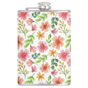 Watercolor Pink Flowers Pattern Hip Flask