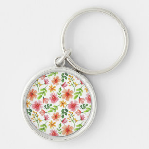 Watercolor Pink Flowers Pattern Keychain