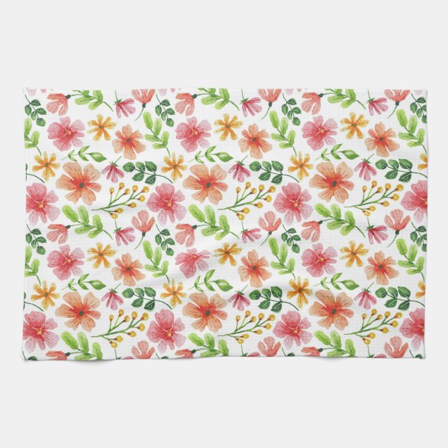 Watercolor Pink Flowers Pattern Kitchen Towel (Horizontal)