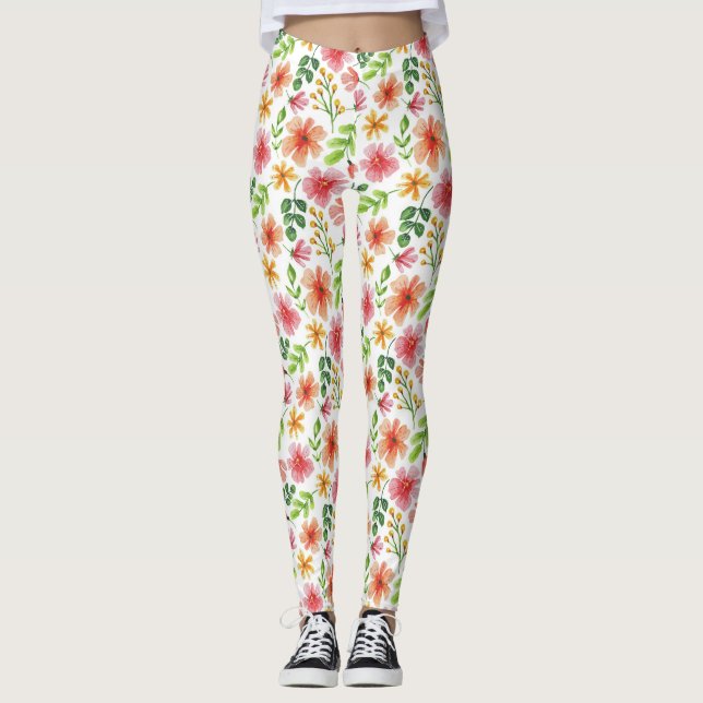 Watercolor Pink Flowers Pattern Leggings (Front)