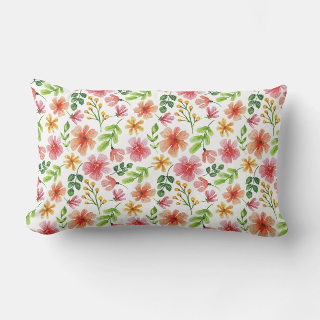 Watercolor Pink Flowers Pattern Lumbar Pillow (Front)