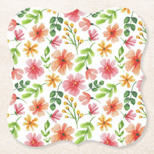 Watercolor Pink Flowers Pattern Paper Coaster