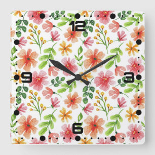 Watercolor Pink Flowers Pattern Square Wall Clock