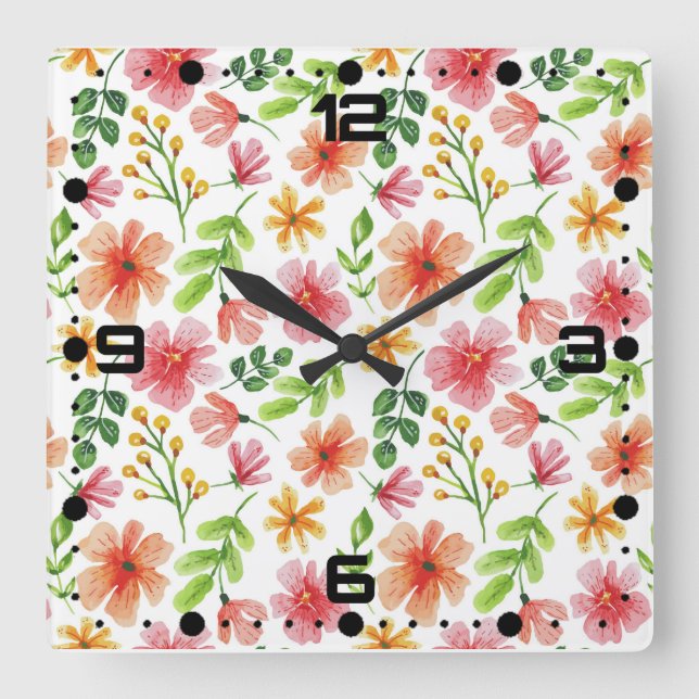 Watercolor Pink Flowers Pattern Square Wall Clock (Front)