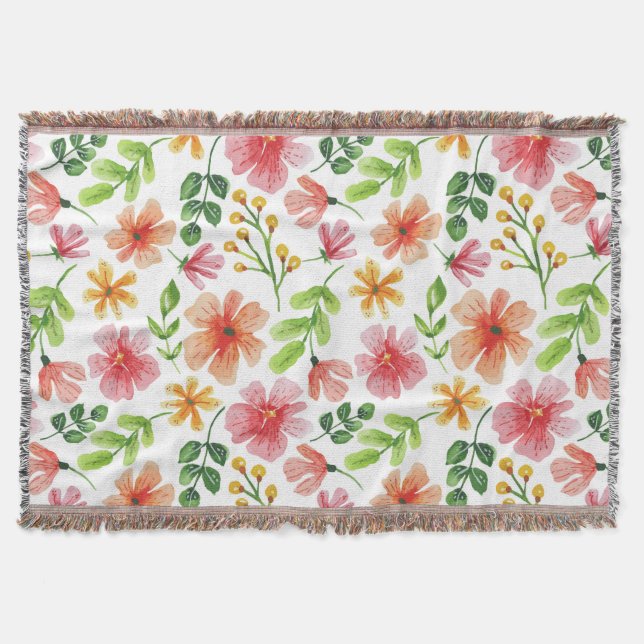 Watercolor Pink Flowers Pattern Throw Blanket (Front)